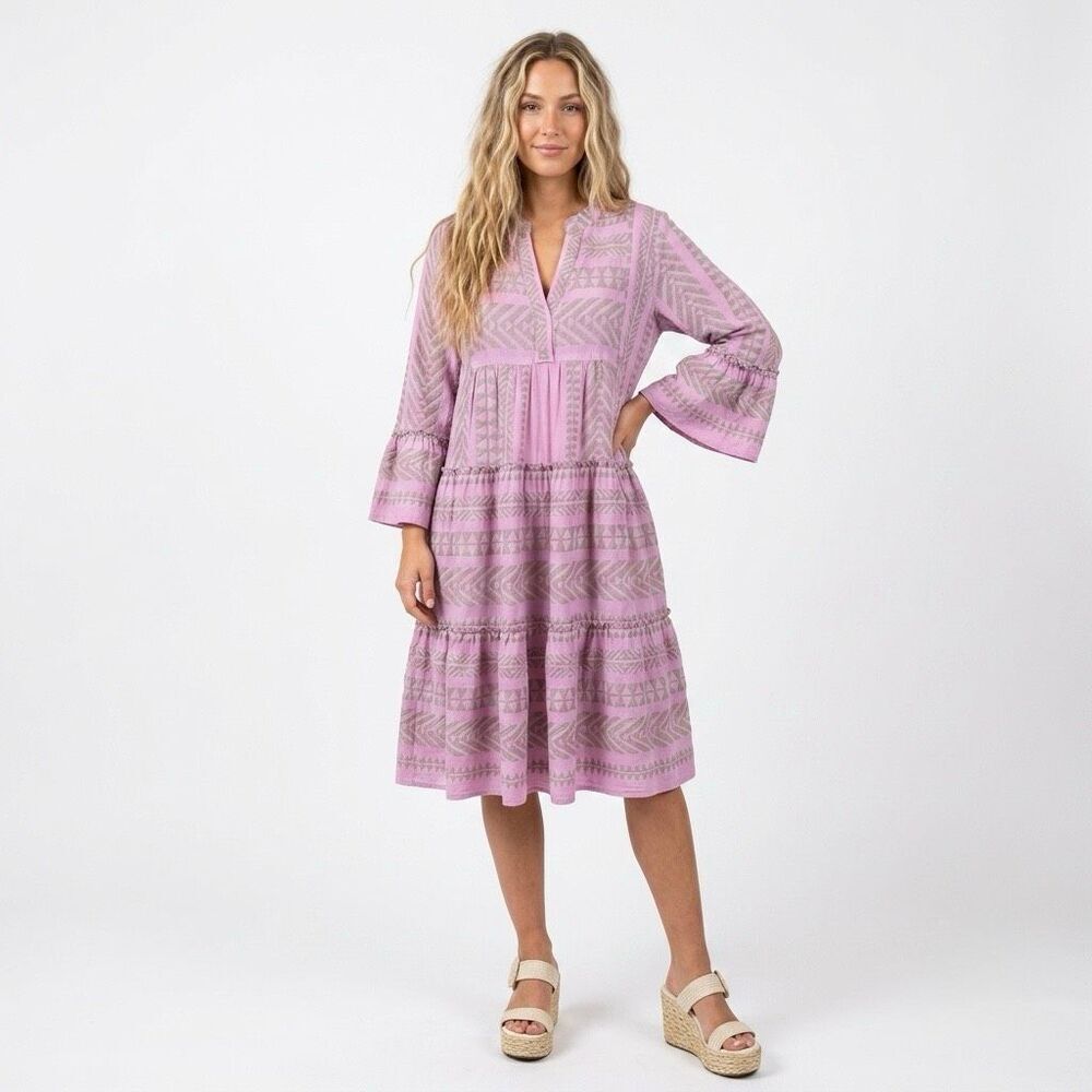 Devotion Twins Ella Midi Dress Medium Pink Geometric Embroidered Boho Tiered